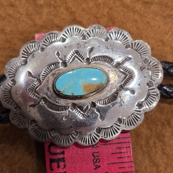 Navajo Sterling Silver Handmade Turquoise Concho Style Bolo Tie "RTL" - Picture 16 of 16